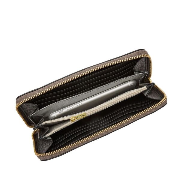 New! FOSSIL Logan RFID Wallet Zip Clutch Wristlet Strap Taupe Snakeprint Black - Picture 4 of 10